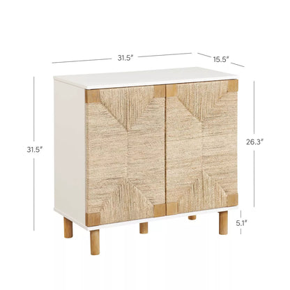 Wood and Seagrass Storage Cabinet in White with Veneer Surface and Fixed Shelf - Adult Assembly Required