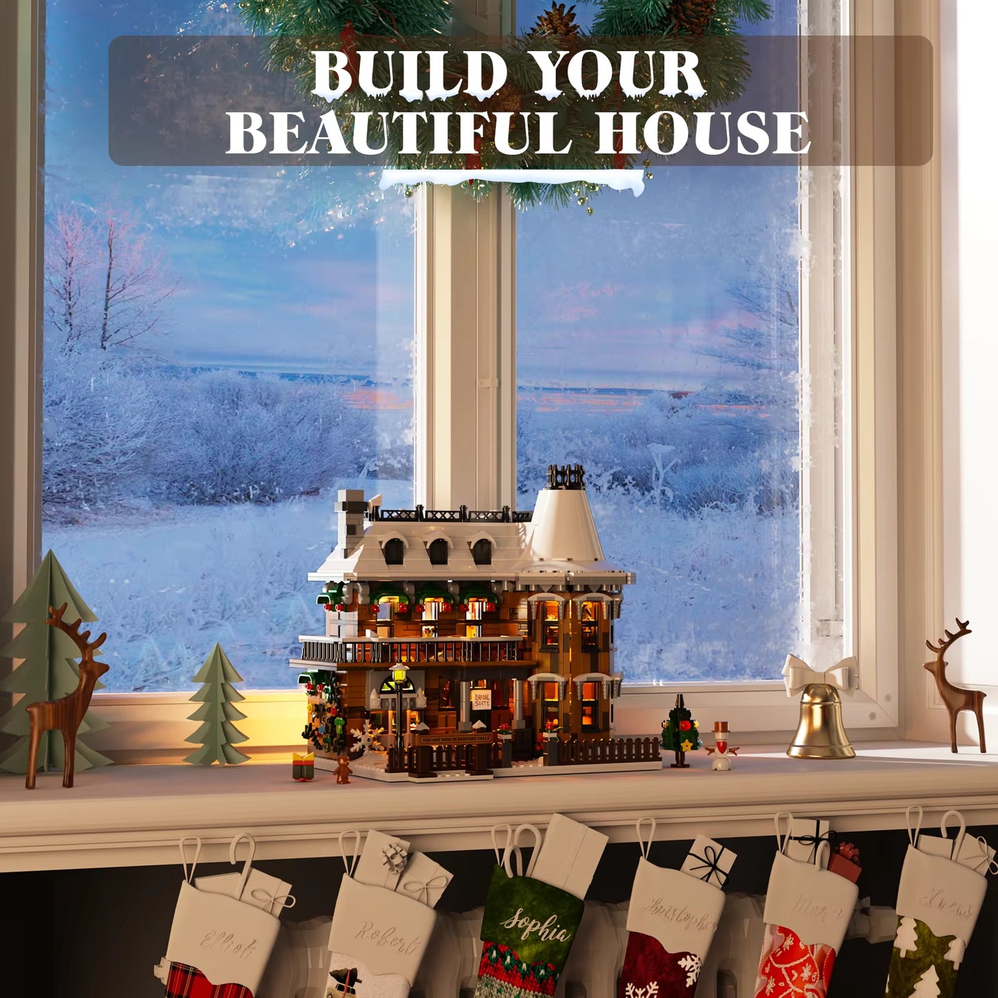 Wonderfuled Life House Building Blocks Set Christmas Holiday Snow House Bricks Gifts for Friends Family(1549Pcs)