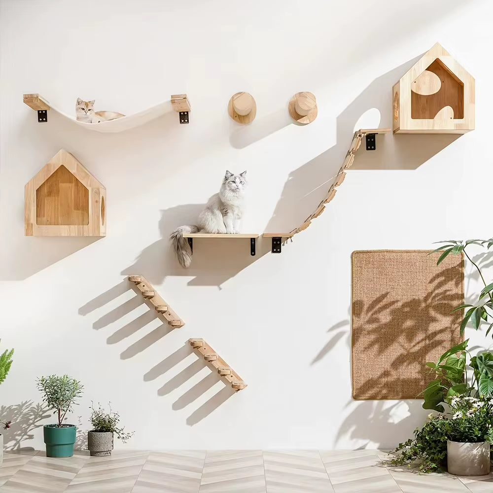 Wall-Mounted Cat Climbing Shelf with Four-Step Stairway and Sisal Scratching Post for Enhanced Pet Play and Comfort