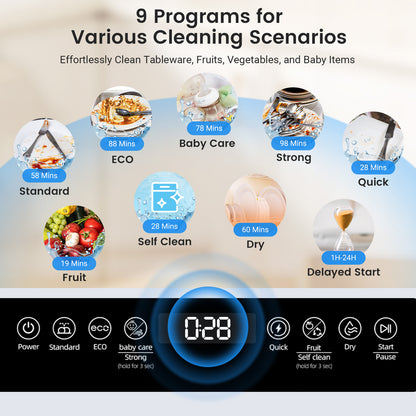 Blitzhome® BH-6-CDW Portable Countertop Dishwasher with 5.2L Built-In Water Tank 9 Programs PTC Hot Air Drying 3D 360° 3 Sprayers Water-Saving