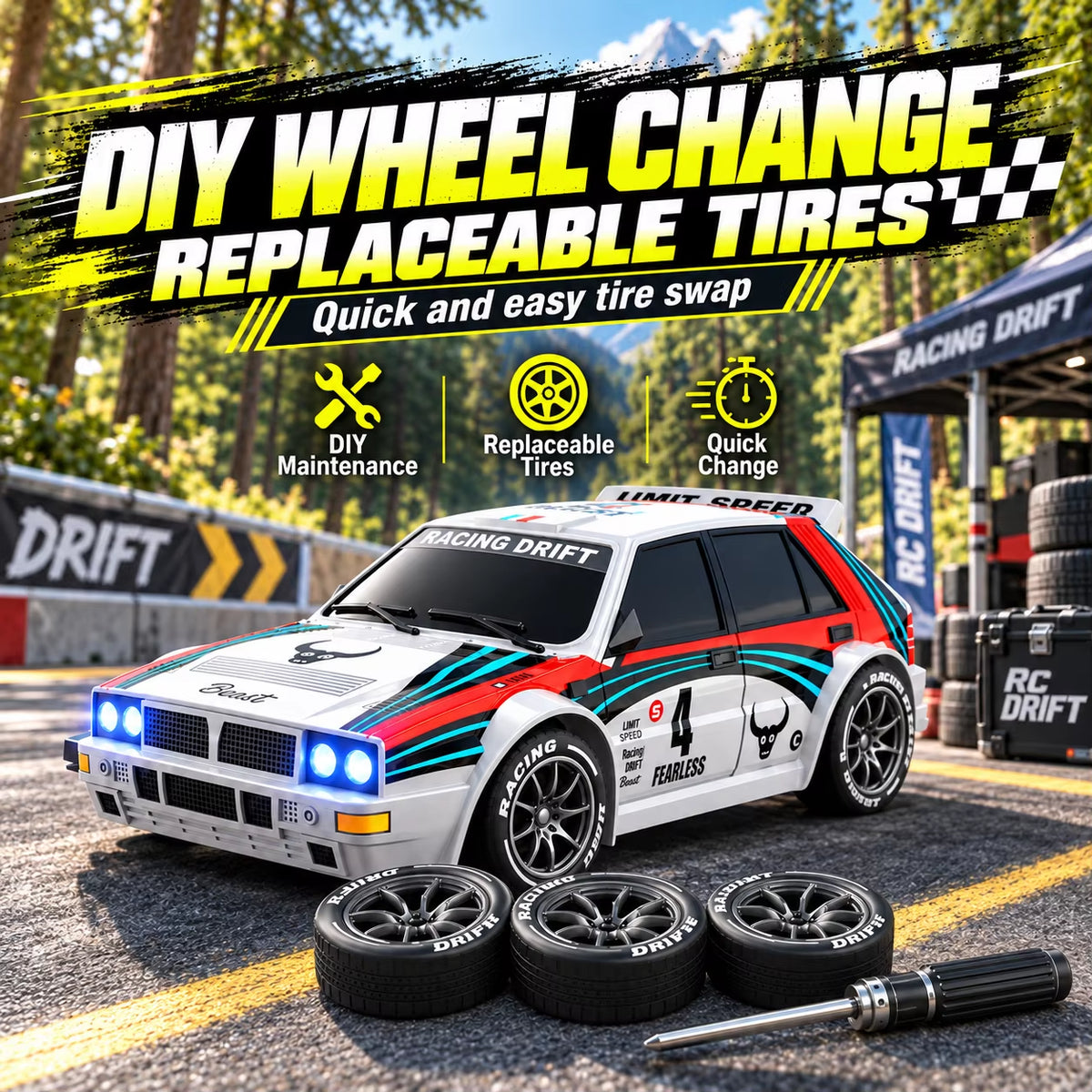 ZNLYRION 1:24 Scale RC Drifting Race Car - 4WD, Adjustable Speed (20Km/H), Includes Spare Drift Tires, LED Headlights and Taillights, Ideal for Boys and Adults