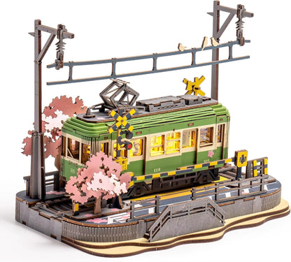 Robotime 3D Wooden Puzzle Kit - Sakura Journey Tram Model with LED Light for Kids and Hobbyists, Ideal Brain Teaser Gift