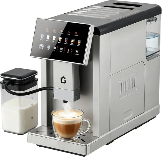 3rd Generation Espresso Coffee Maker with Integrated Milk Frother, Removable Brewer and Grinder, Adjustable Coarseness and Flavor, Detachable Milk Tank