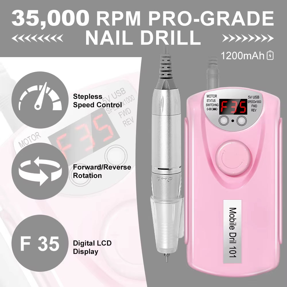35000RPM Nail Drill Machine for Nails Rechargeable Manicure Low Noise Professional Electric Nail Drill Motor Polishe Sander Tool