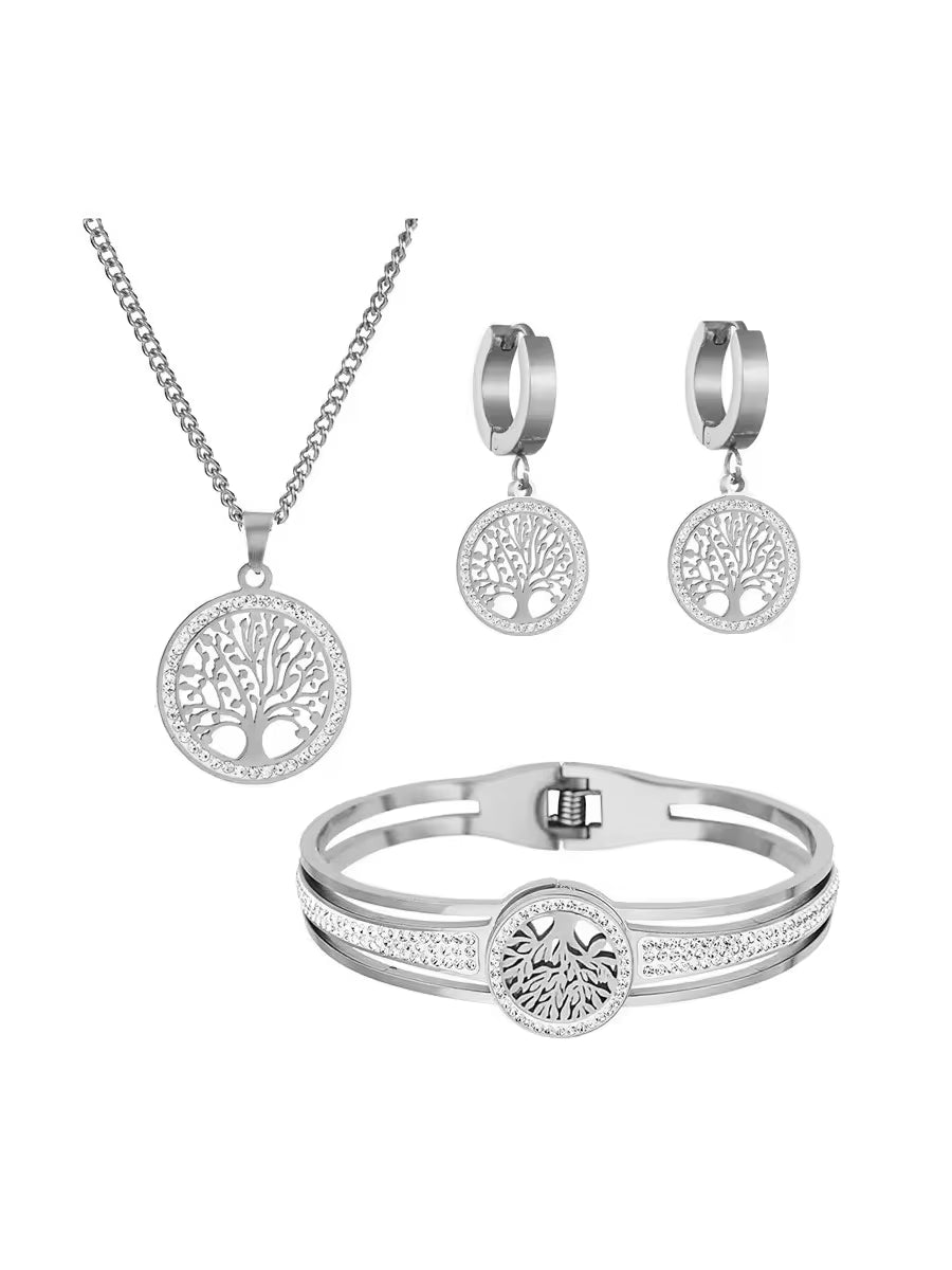 4Pcs/Set Stainless Steel Hollow Tree of Life Peace Pendant Necklace Bracelet Earrings Ladies Wedding Jewelry Set