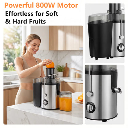 800W Electric Juicer for Fruits and Vegetables with 2-Speed Settings, 7cm Large Chute, Stainless Steel Design, High Yield and Easy Clean Kitchen Appliance