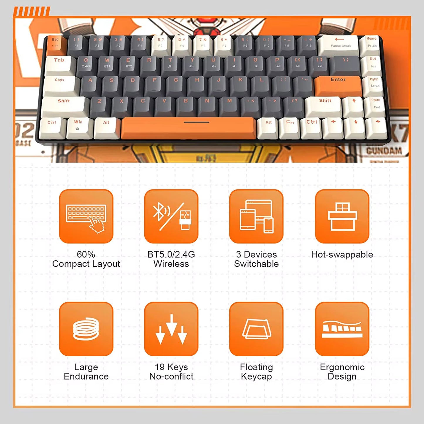 RK68 60% Wireless Mechanical Keyboard, Bluetooth 5.0/2.4Ghz with Dual Mode 2-In-1 Receiver, 68-Key Hot-Swappable Gaming Keyboard