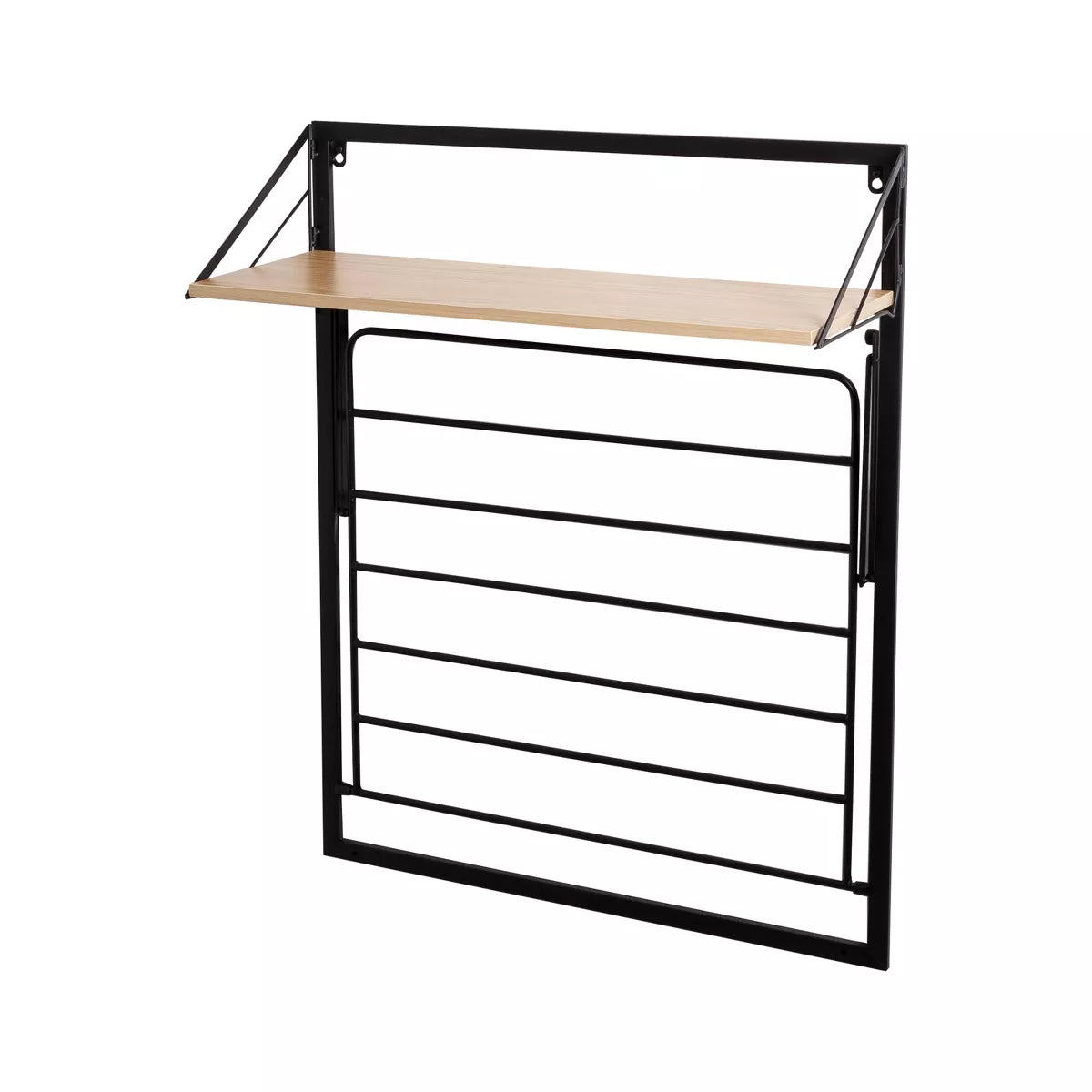 Collapsible Laundry Shelf and Drying Rack Combo in Light Oak, Steel Construction, 65 Lb Capacity