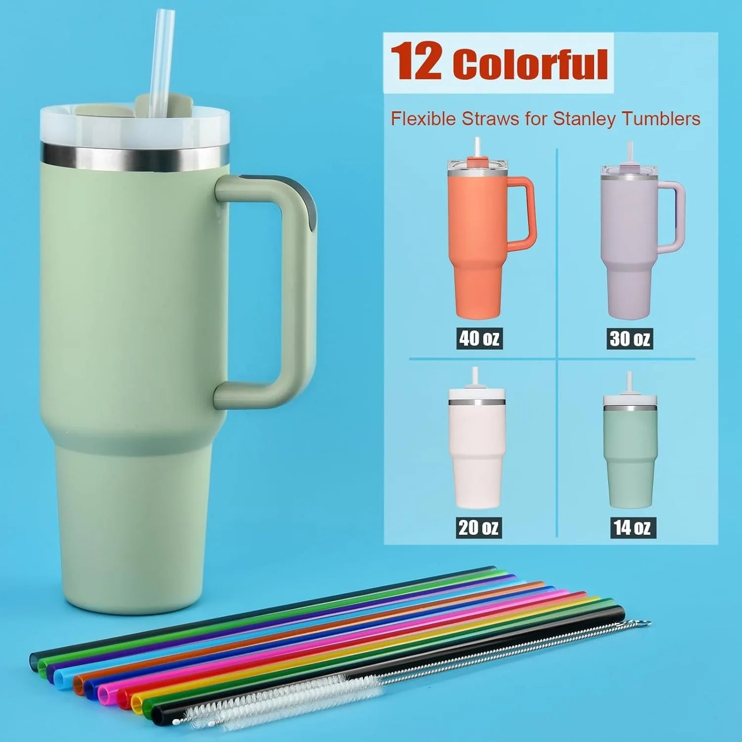 Set of 12 Long Color Replacement Straws for 40 Oz and 30 Oz Tumblers