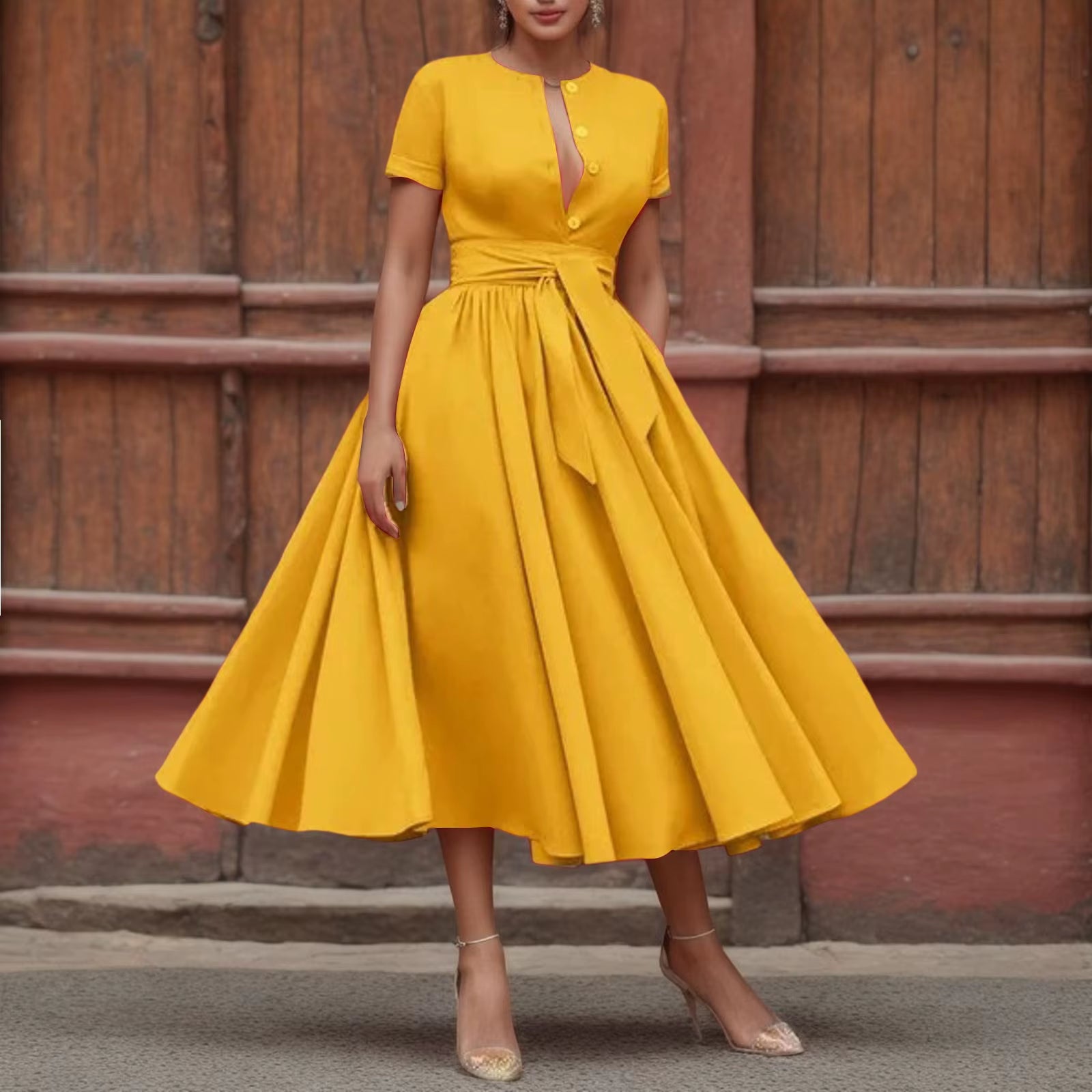 Women Elegant Formal Party Evening Dress 2025 Short Sleeve Patchwork Sashes Mid-Calf Dresses Sexy Deep V-Neck Dress plus Size
