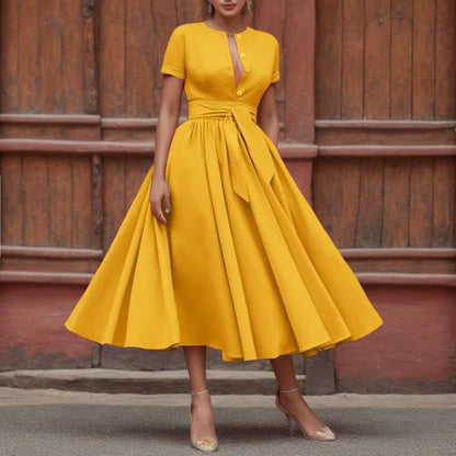 Women Elegant Formal Party Evening Dress 2025 Short Sleeve Patchwork Sashes Mid-Calf Dresses Sexy Deep V-Neck Dress plus Size