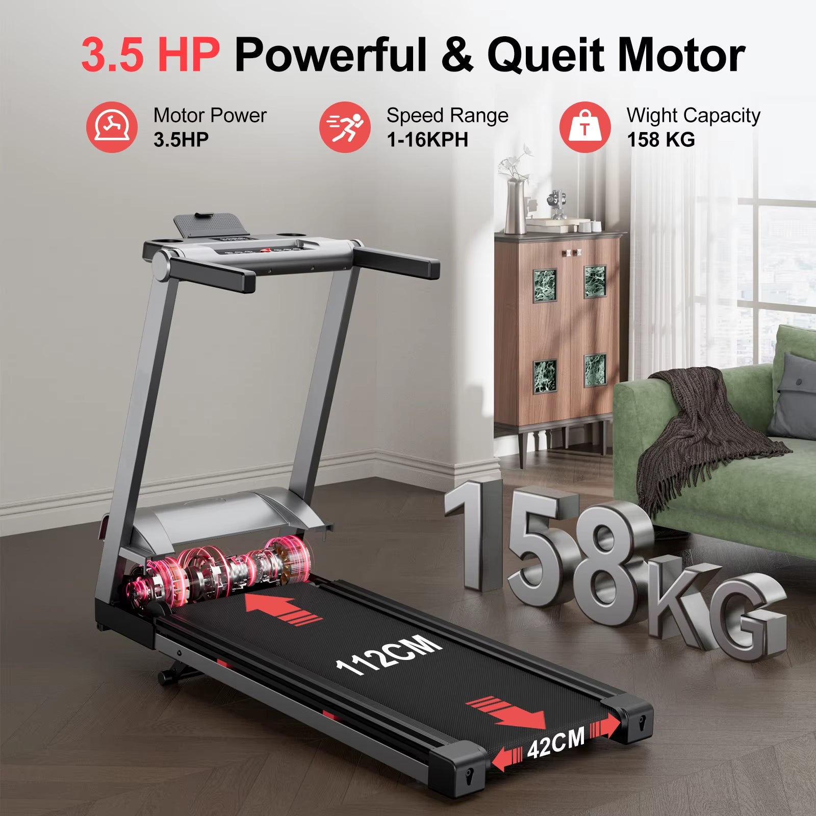 3.5HP Foldable Incline Home Treadmill Walking Pad with Handle Bar Holder 350LBS Capacity Touch Screen Smart App Data Monitoring