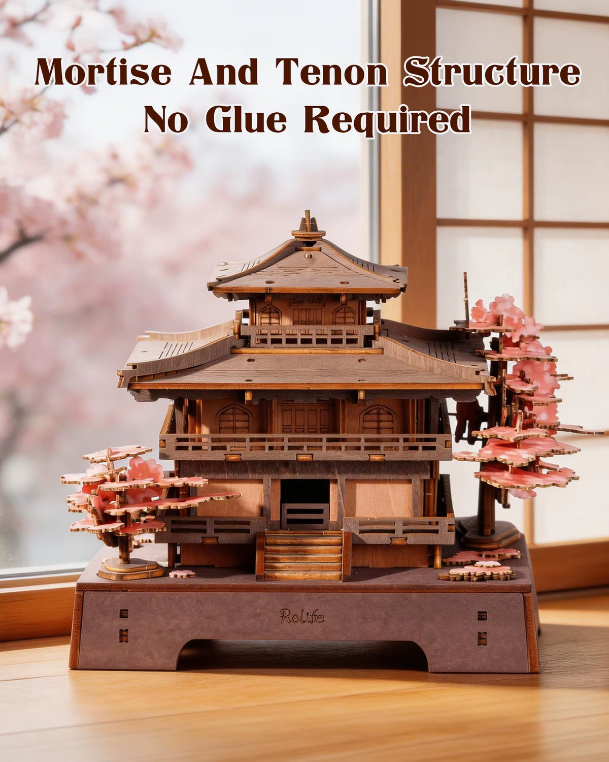 ROKR Sakura Pavilion 3D Wooden Puzzle - Japanese Architectural Model Featuring Cherry Blossom Design, 235-Piece DIY Craft Kit for Adults and Teens