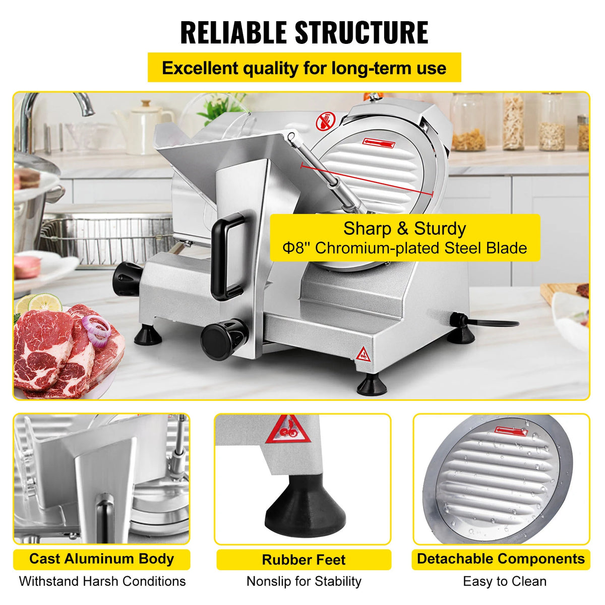 Succebuy Electric Deli Food Slicer with 8/10 Inch Carbon Steel Blade, Adjustable Thickness for Commercial and Home Use, Ideal for Meat and Cheese Cutting