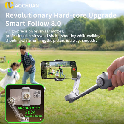 AOCHUAN Smart V8 3-Axis Handheld Gimbal Phone Stabilizer with Extension Rod Tripod Face Tracking for Iphone Android Tiktok Vlog