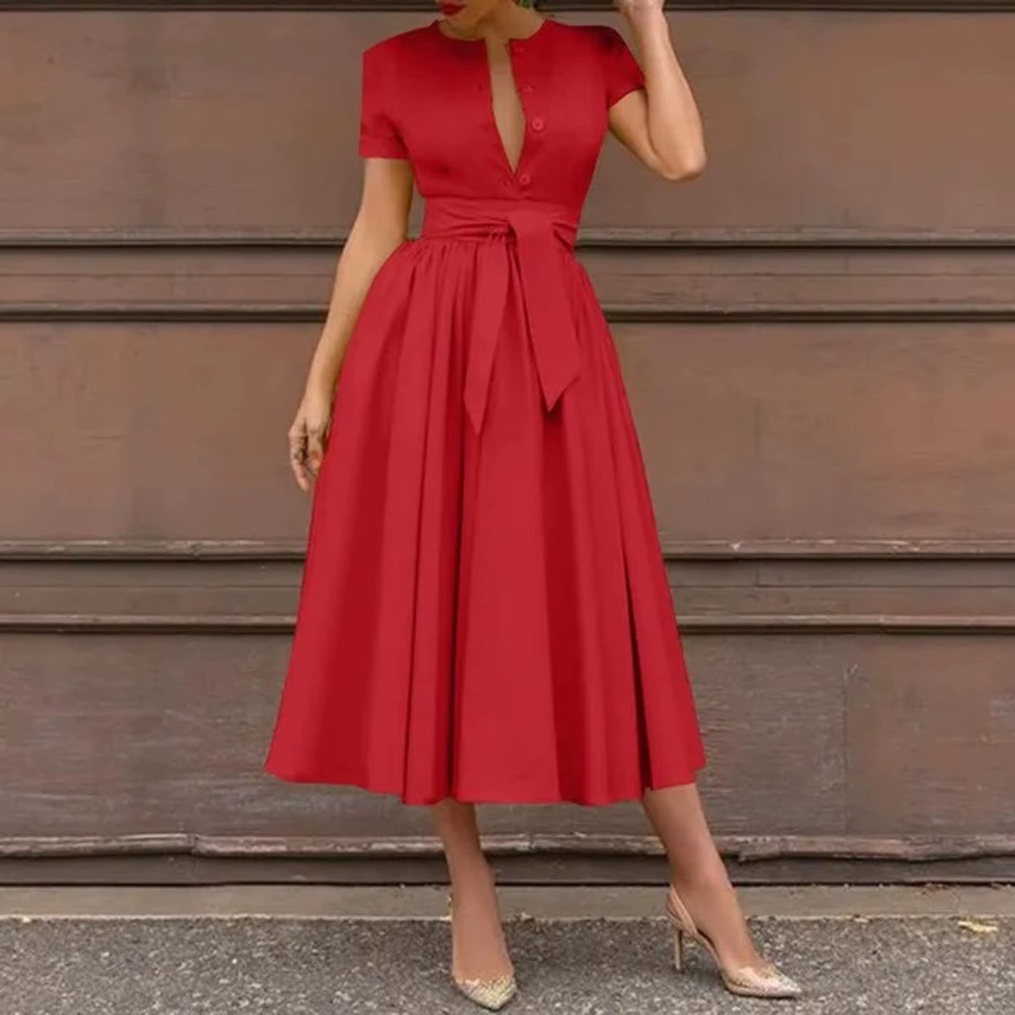 Women Elegant Formal Party Evening Dress 2025 Short Sleeve Patchwork Sashes Mid-Calf Dresses Sexy Deep V-Neck Dress plus Size