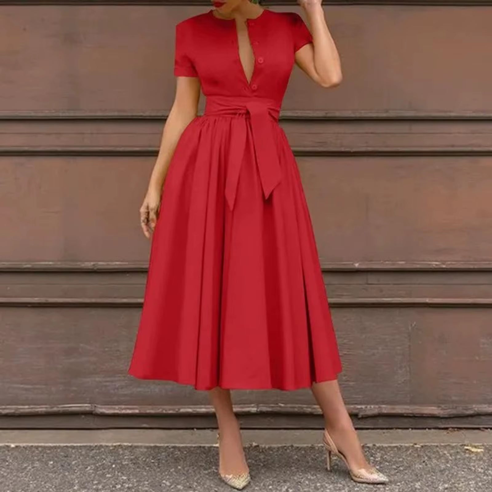 Women Elegant Formal Party Evening Dress 2025 Short Sleeve Patchwork Sashes Mid-Calf Dresses Sexy Deep V-Neck Dress plus Size