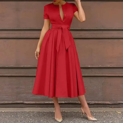 Women Elegant Formal Party Evening Dress 2025 Short Sleeve Patchwork Sashes Mid-Calf Dresses Sexy Deep V-Neck Dress plus Size