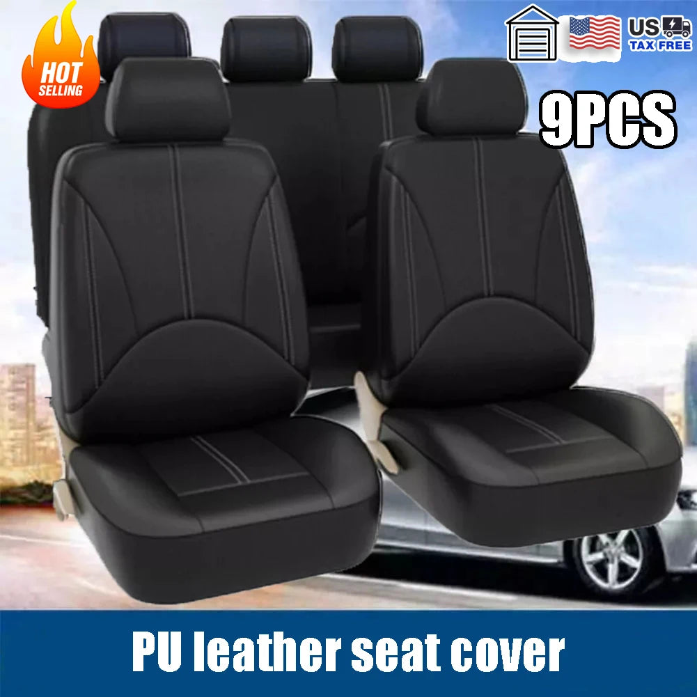 9-Piece Universal Leather Car Seat Cover Set - All-Season Interior Protection in Black