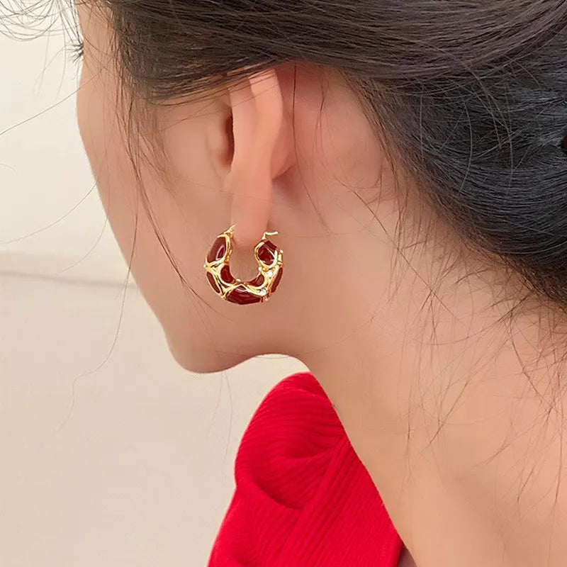 Gold Plated Black Enamel Irregular Hoop Earrings with Crystal Accents for Women