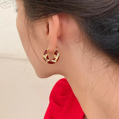 Gold Plated Black Enamel Irregular Hoop Earrings with Crystal Accents for Women