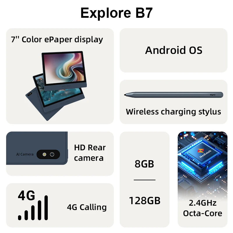 Bigme B7 7-Inch Color E-Ink E-Book Reader with 36-Level Frontlight, 8GB + 128GB Storage, Android 14 OS, 4G Calling, and Eye-Comfort Technology