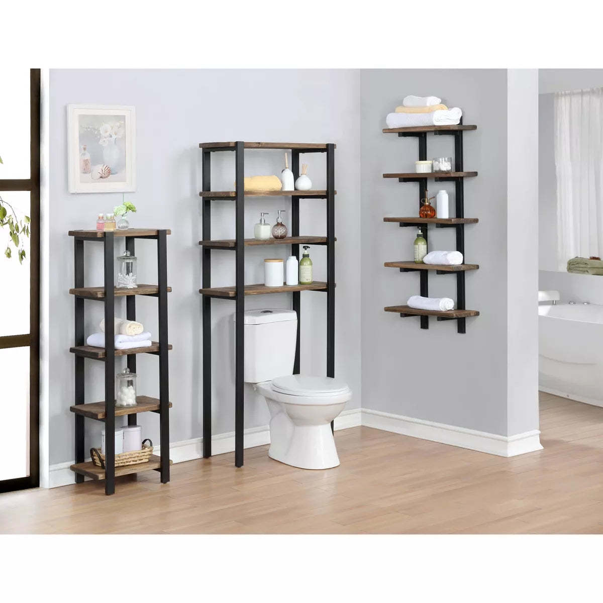 Pomona Natural Metal and Solid Wood Wall Shelf