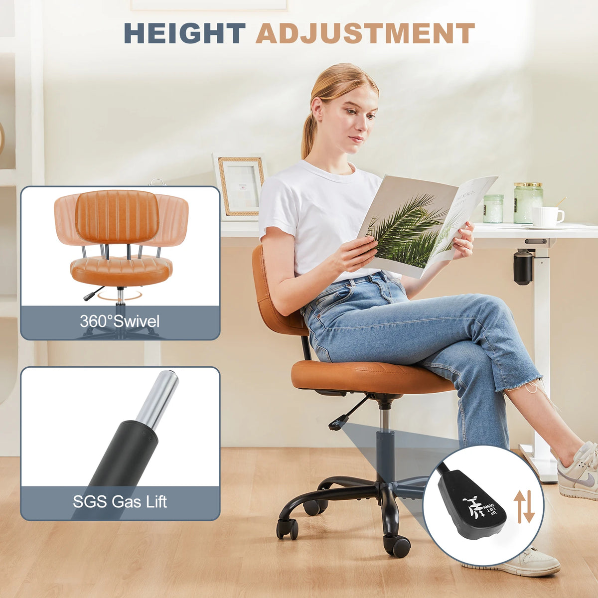Ergonomic Armless PU Leather Office Chair with Swivel and Height Adjustment for Home and Gaming Use