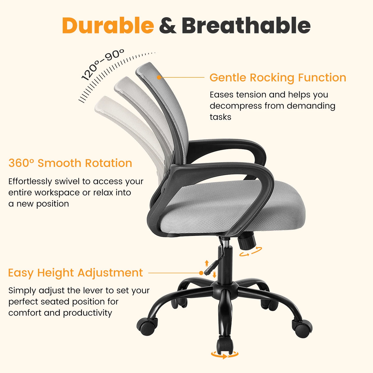 Ergonomic Height-Adjustable Office Desk and Gaming Chair with Fixed Armrests, 360° Swivel, and Storage Back for Computer and Meeting Room Use