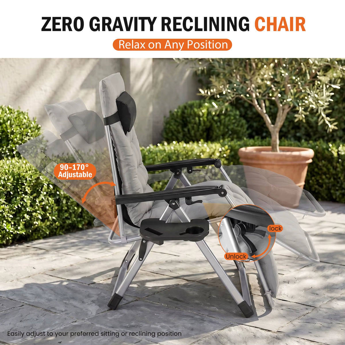 JHK Zero Gravity Reclining Lounge Chair with Soft Cushion and Cup Holder Trays for Outdoor and Indoor Use
