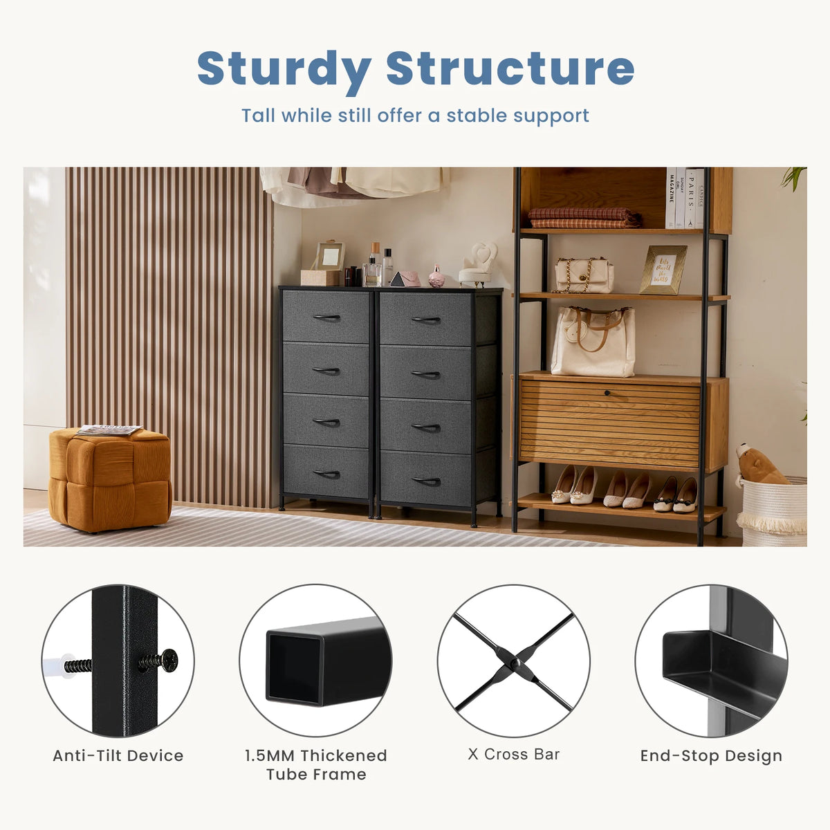 JHK Bedroom Dresser with 4 Fabric Drawers, Steel Frame Nightstand and Closet for Clothes Storage