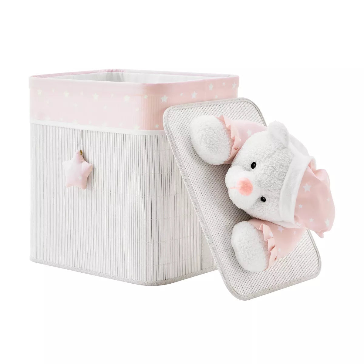 Bamboo Collapsible Laundry Hamper and Toy Storage for Kids with Handles in Pink and Cream Teddy Bear Design