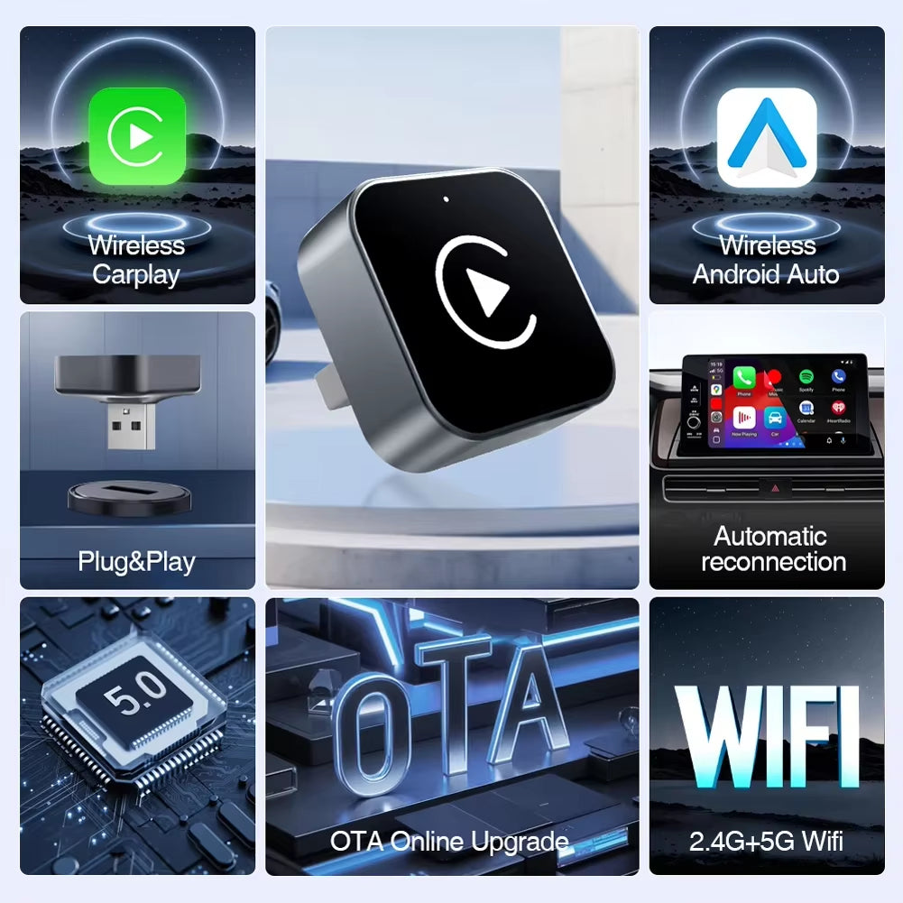 2 in 1 Wireless Carplay Android Auto Adapter Wired to Wireless Carplay Adapter for Iphone Wireless Control Plug & Play Carplay
