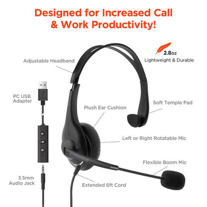 Hypergear V100 Office Professional Wired Headset W 6 Ft Cord