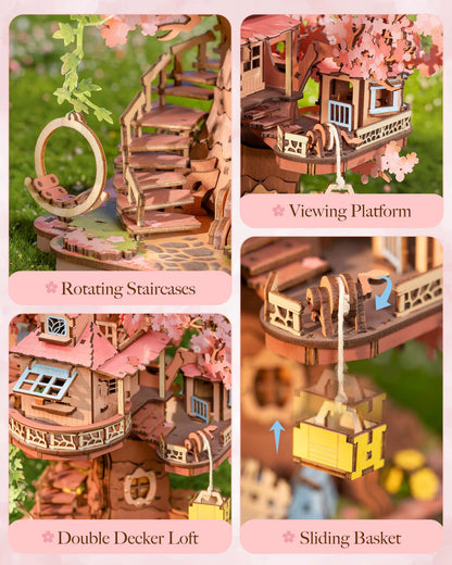 Robotime Rolife Sakura Tree House 3D Wooden Puzzle Model Kit with Swing Stairs Perfect Christmas Home Decor DIY Gift for Adults