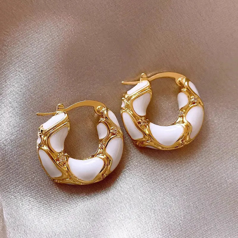 Gold Plated Black Enamel Irregular Hoop Earrings with Crystal Accents for Women