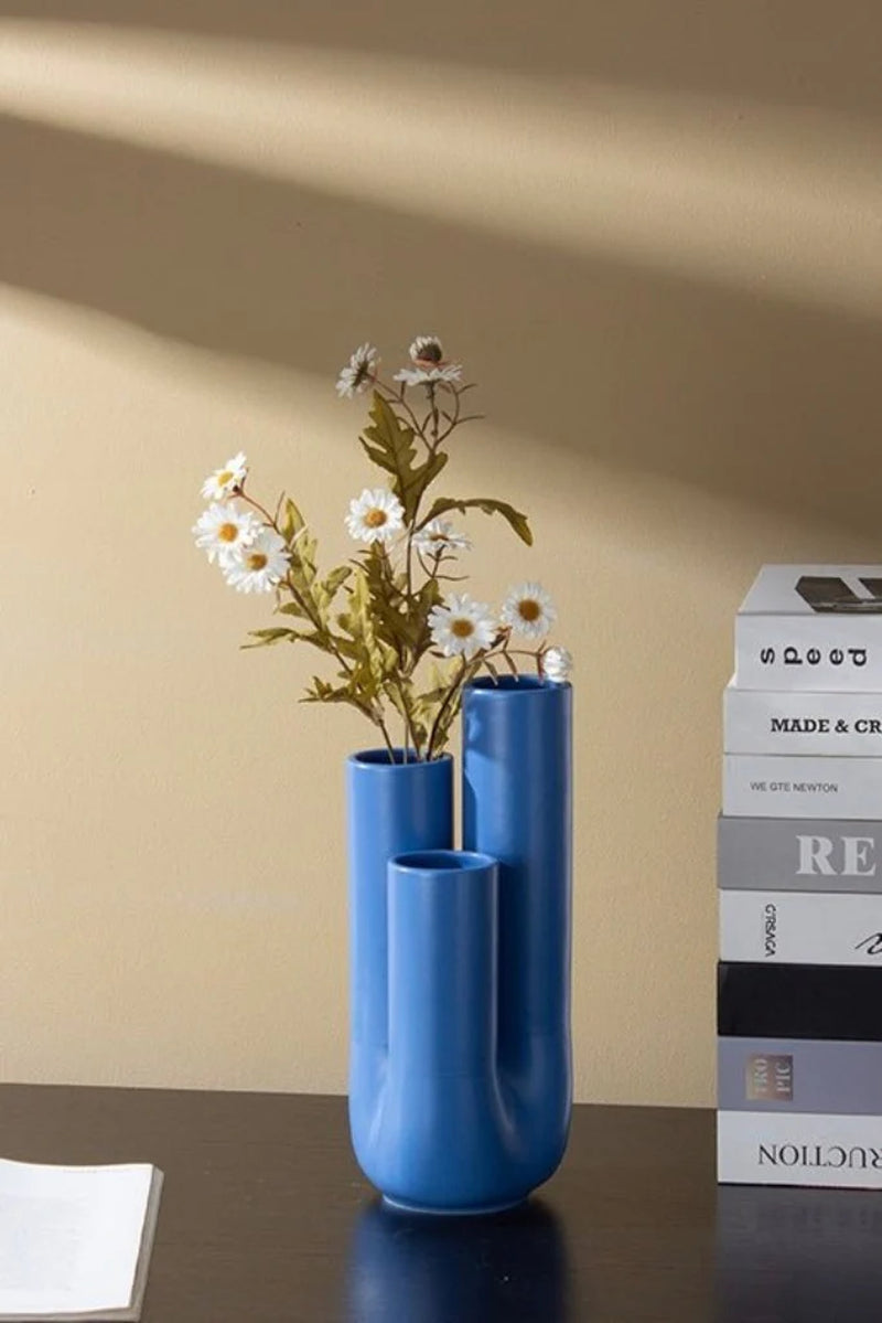 Handmade Funky Memphis Triple Stems Ceramic Vase, Decorative Flower Vessel
