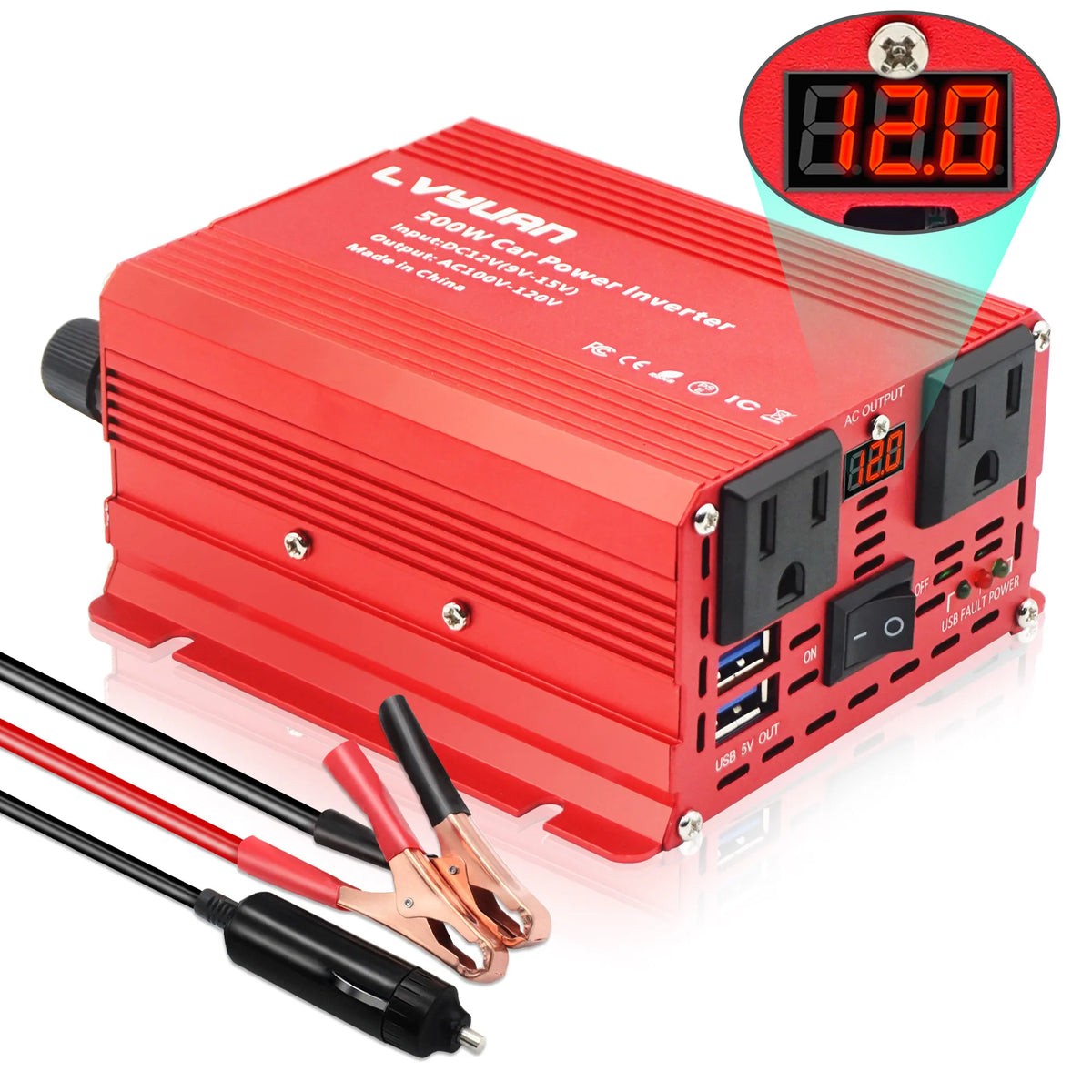 500W/300W Mini Portable Car Inverter DC12V to AC110V with USB 5V 3.1A Output and US Socket