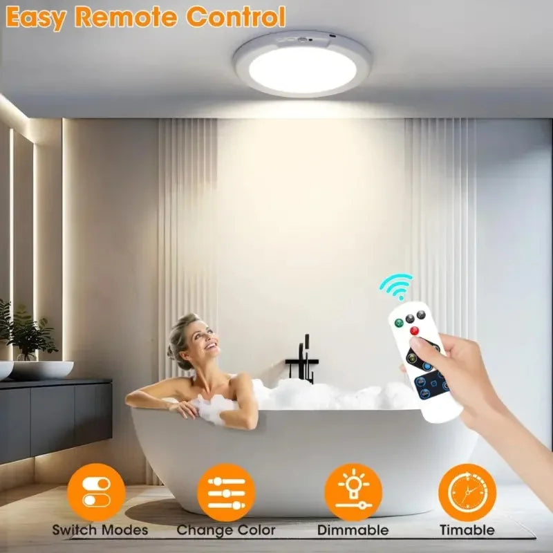 Rechargeable Wireless Motion Sensor Ceiling Light with Remote Control - Battery-Powered Magnetic Fixture for Closets, Showers, and Stairs