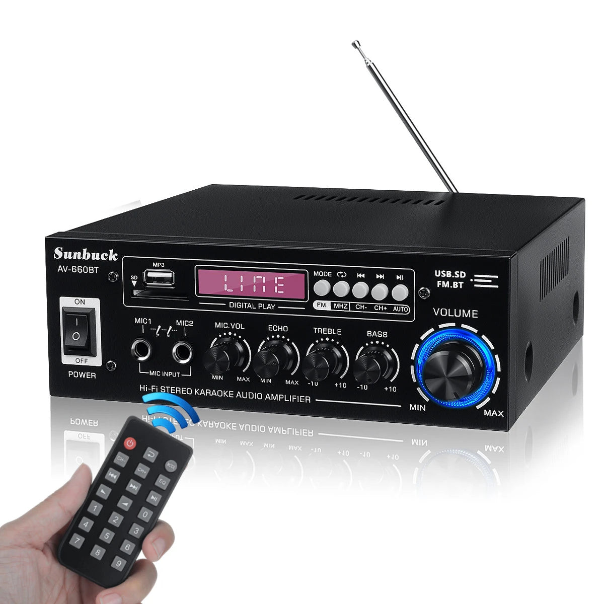 Sunbuck AV-660BT 2000W Bluetooth 5.0 Audio Power Amplifier EQ Stereo AMP Car Home 2CH AUX USB FM Radio
