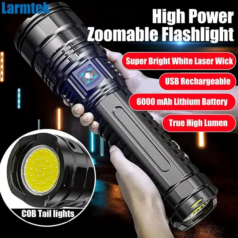 Super Bright LED Handheld Outdoor Flashlight, Adjustable Zoom, USB Rechargeable and Dischargeable with Type-C Interface 1800Mah