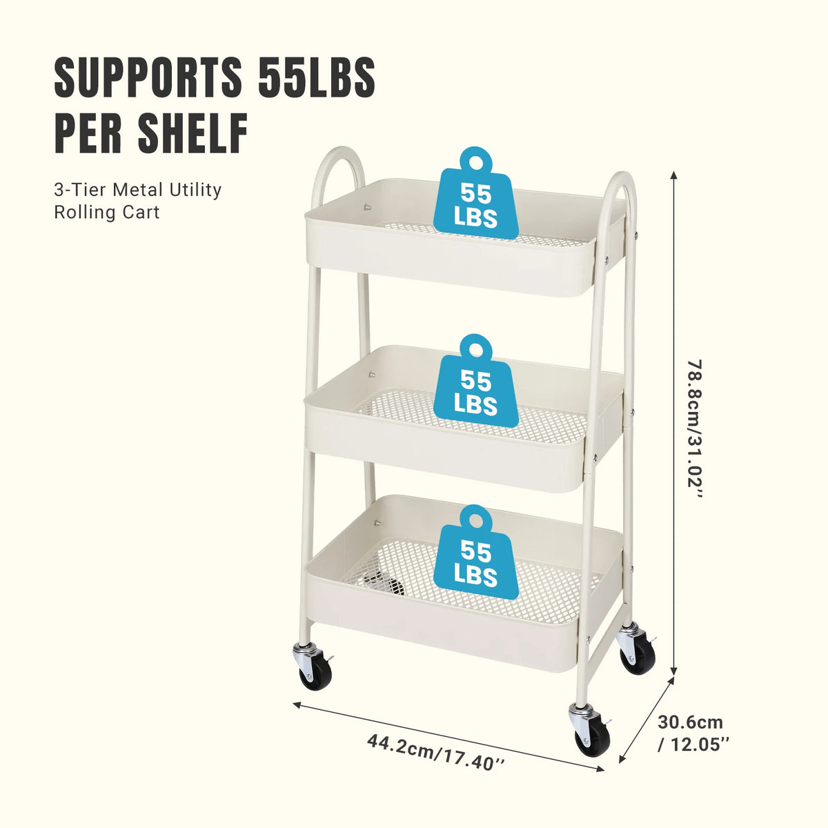 JHK 3-Tier Metal Kitchen Storage Cart with Lockable Wheels - Mobile Shelving Unit for Narrow Spaces and Utility Organization