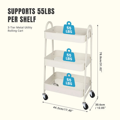 JHK 3-Tier Metal Kitchen Storage Cart with Lockable Wheels - Mobile Shelving Unit for Narrow Spaces and Utility Organization