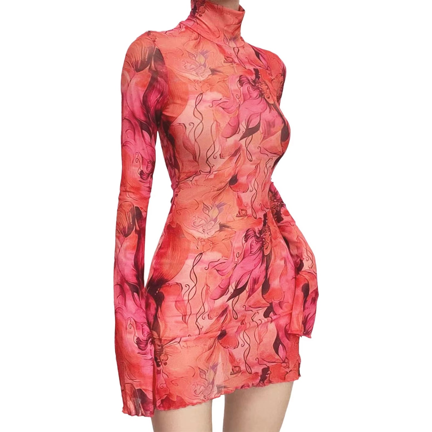 Ladies Mesh Printed Y2K Vintage Dress High Street Slim Elastic Bodycon Party Dress round Neck Bell Sleeve Side Open Hip Dresses