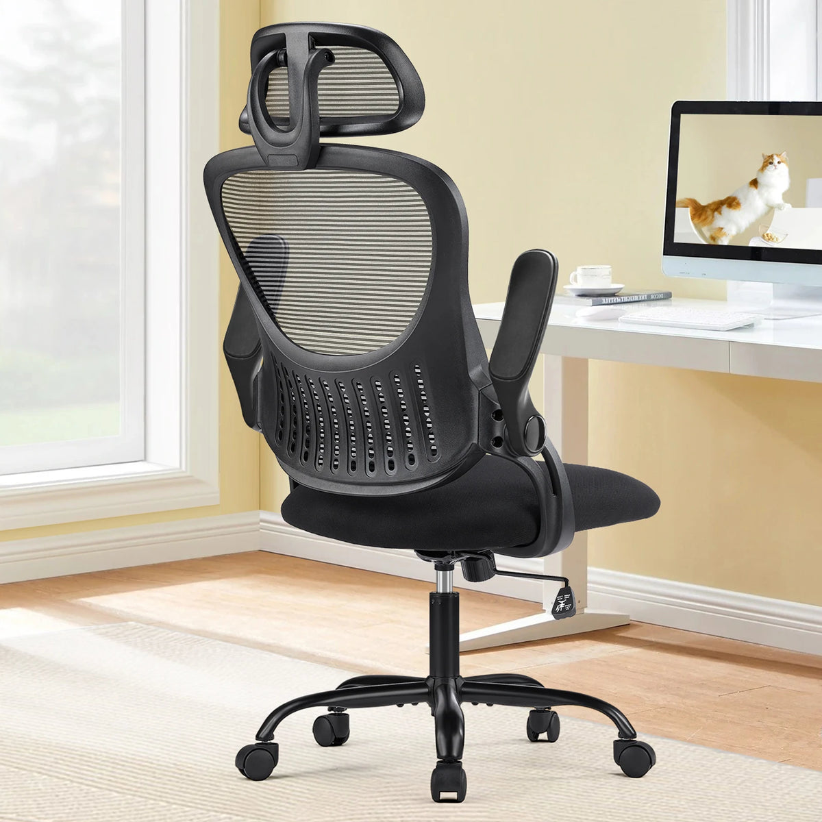JHK Mesh Ergonomic Office Chair with Adjustable Headrest and Flip-Up Arms, Featuring Comfortable Lumbar Support for Home Office Use