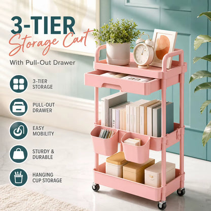 3-Tier Mobile Storage Cart with Pull-Out Drawer, Lockable Wheels, and Hanging Cups - Versatile Organizer for Kitchen, Bathroom, and Living Room