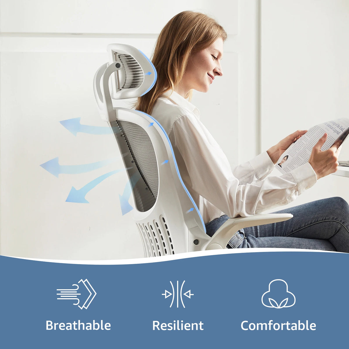 JHK Ergonomic Mesh Office Chair with Adjustable Headrest and Flip-Up Arms for Enhanced Lumbar Support in Home Office Settings
