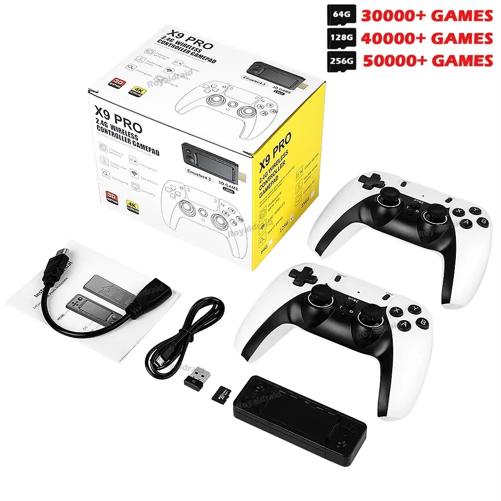 128G 256G X9 PRO Gamestick 4KHD TV Video Game Consol 3D Games for PSP/PS1/N64/NDS 40+Simulators Retro Games Dual 2.4G Controller
