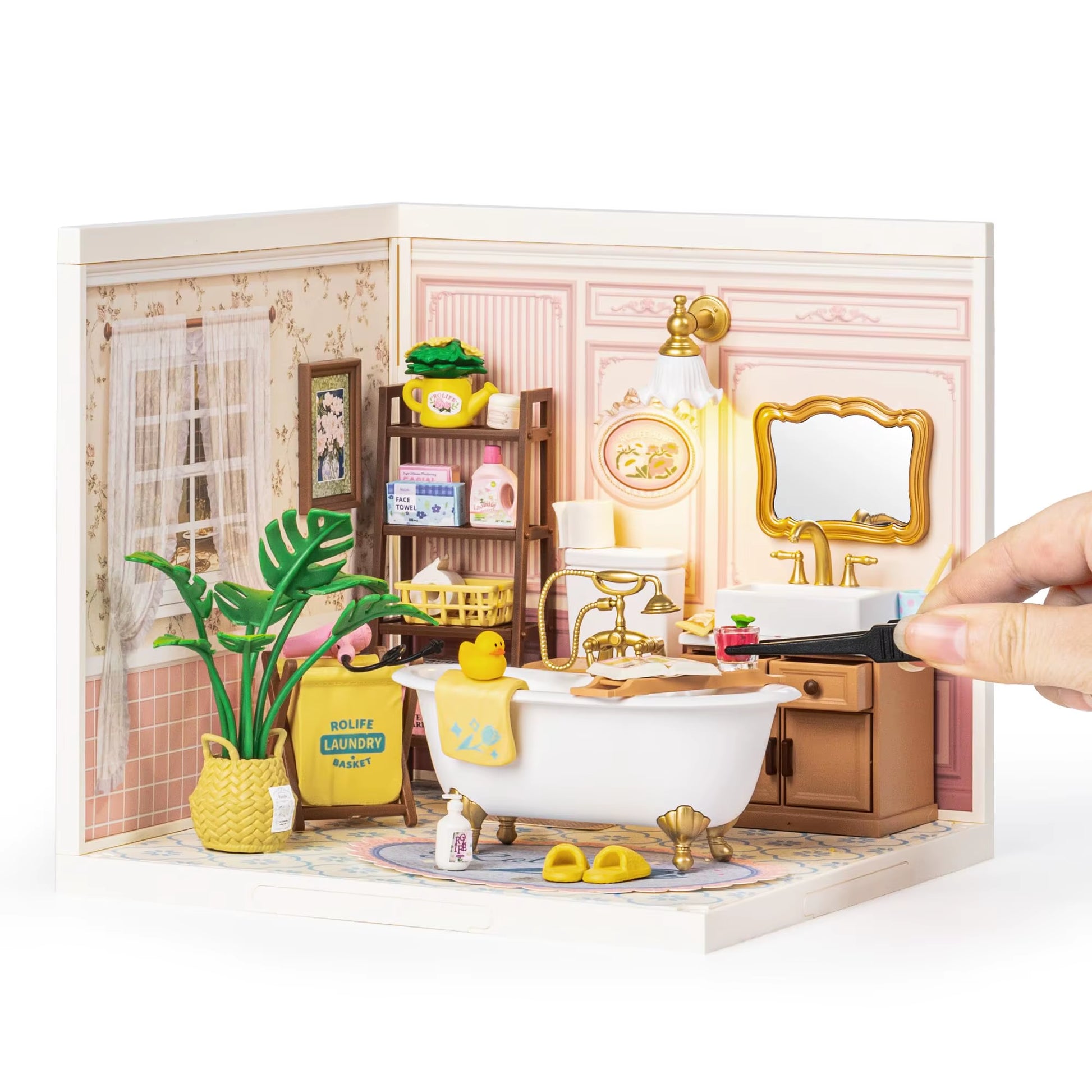 ROBOTIME DIY Miniature House Kit, Dollhouse Model Building Kit Birthday Creative Gifts for Adults, Kids (Pop Bubble Bathroom)