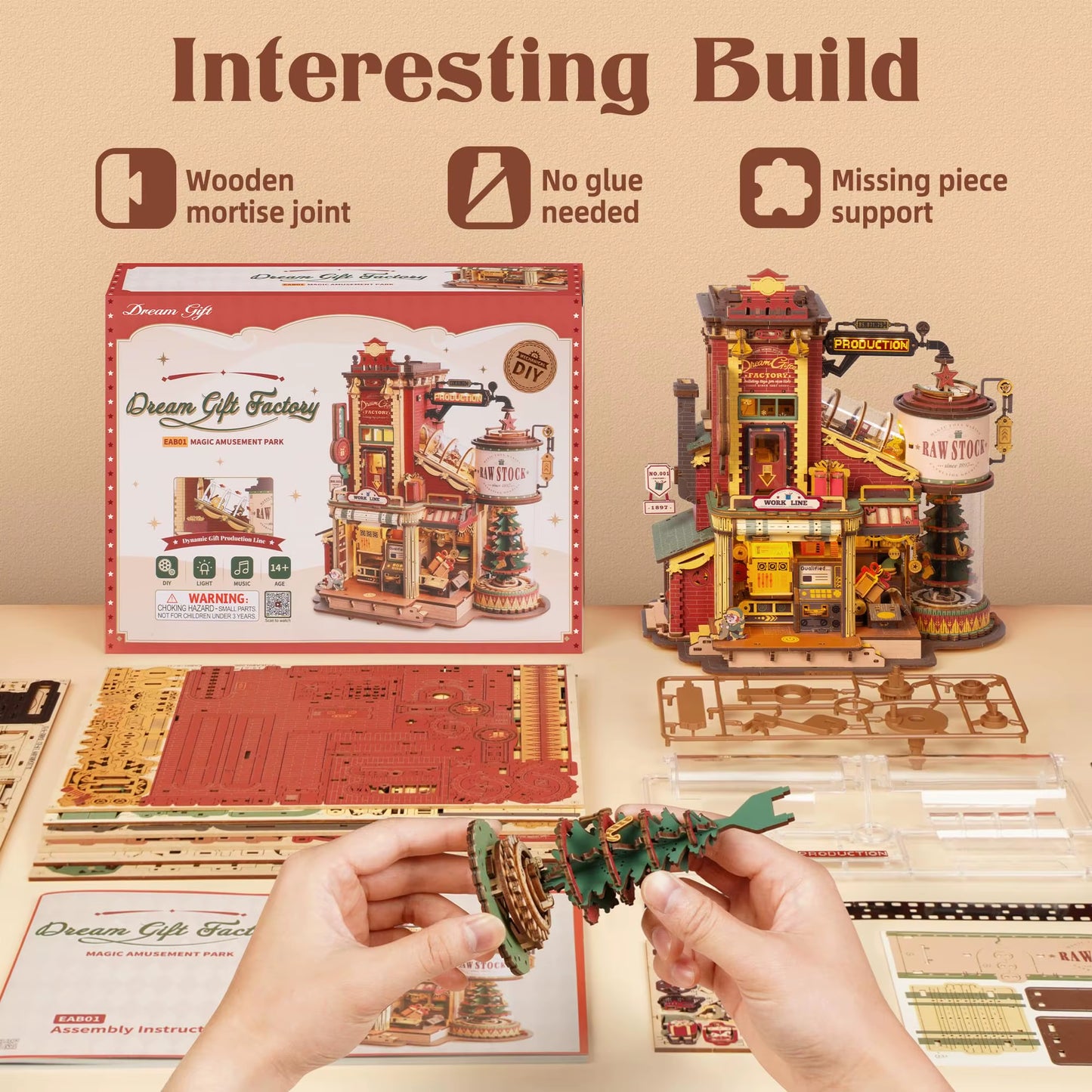 Robotime Rokr Dream Gift Factory 3D Wooden Puzzle Christmas Gifts Toy with Light and Music for Children Kids Building Block Kits